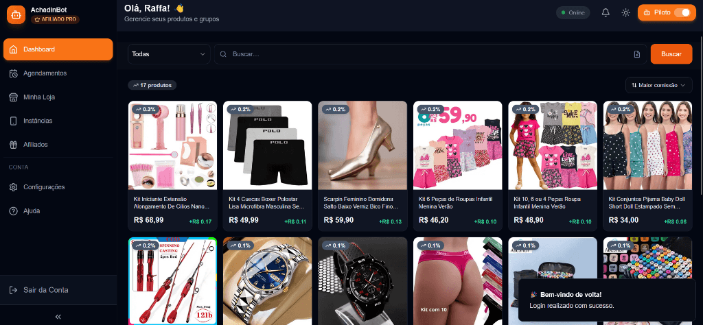 Dashboard AchadinBot - Visão Geral do Painel